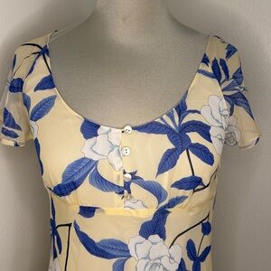 J. Peterman ivory blue floral 100% silk flutter sleeve mini dress lined 2